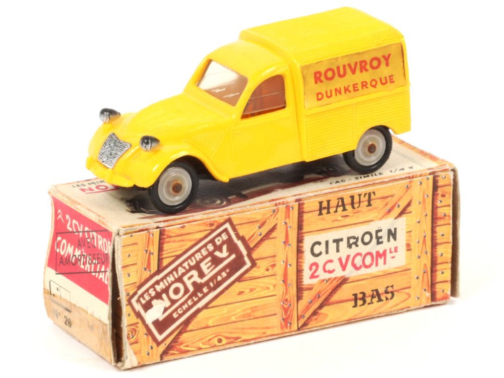 NOREV France -26- Citroën 2 CV Fourgonnette Rouvroy, version avec autocollants apposés sur les côtés du fourgon, jaune, promotionnel - Rare -.jpg