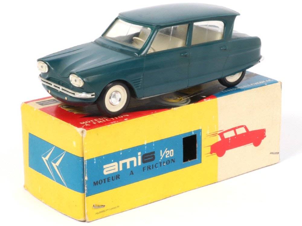 S.L.J. France - Citroën Ami 6, éch 1.20, en plastique, moteur à friction (manque pare-chocs AV) bleu canard - Rare -.jpg