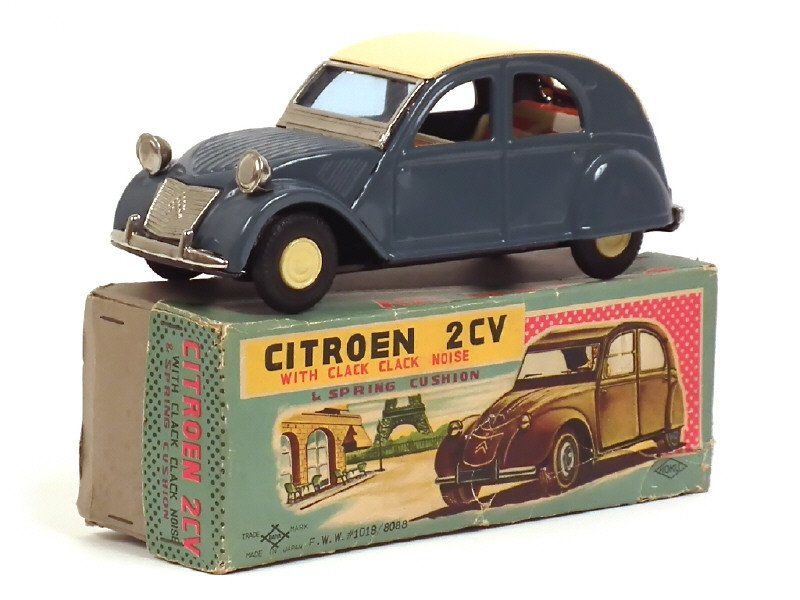 DAIYA (Japon) -196- Citroën 2CV long 21cm, moteur à friction avec bruiteur, suspension AR et aménagement intérieur en tôle lythographiée, bleu pétrole, capote crème - Rare -.jpg