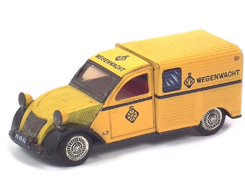 ASC (Japon) - Citroën 2CV Fourgonnette Wegenwacht, long 19,5cm moteur à friction, export Pays-Bas, jaune et noir - Rare -.jpg