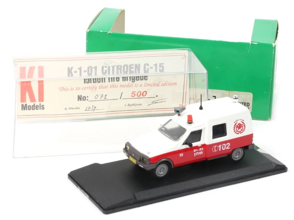 KI MODELS (Israël) - Citroën C15 Israeli Fire Brigade, réalisé sur base Eligor, avec certificat série limitée numérotée 500ex, blanc et rouge - Rare -.jpg