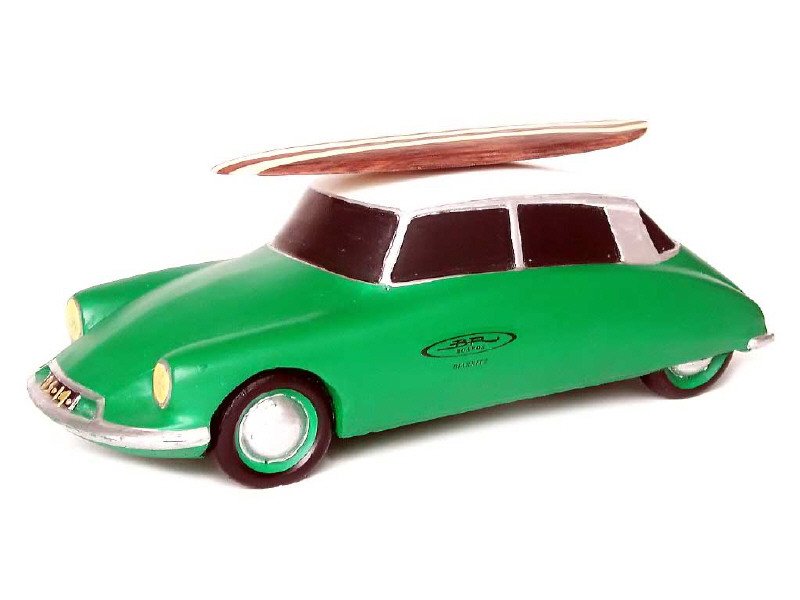 BR BOARDS France -215B- Citroën DS 19, long 26cm, réalisation en plâtre avec planche de surf, série limitée, vert toit noir - Peu courant -.jpg