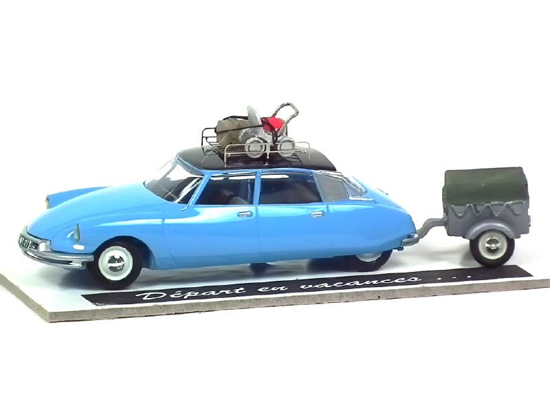 RETRO 43 France -  Coffret départ en vacances, Citroën DS 19 avec remorque et bagages sur galerie, bleu ciel toit noir -.jpg