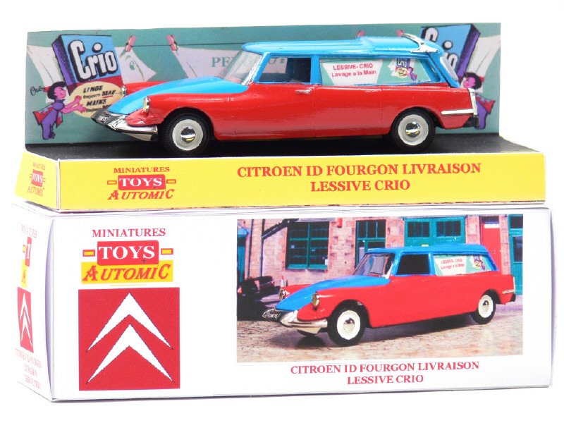 MINIATURES AUTOMIC TOYS France - Citroën ID Fourgon de livraison Lessive Crio, réalisé sur base Altaya avec diorama, fabrication artisanale réalisée en un exemplaire unique, rouge et bleu - Curiosité -.jpg