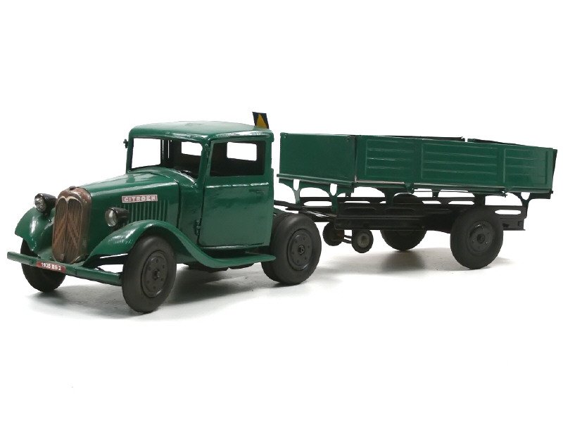 CITROËN France - Citroën T23 Tracteur routier avec remorque à ridelles, long 59cm, moteur à clef, vert - Peu courant -.jpg