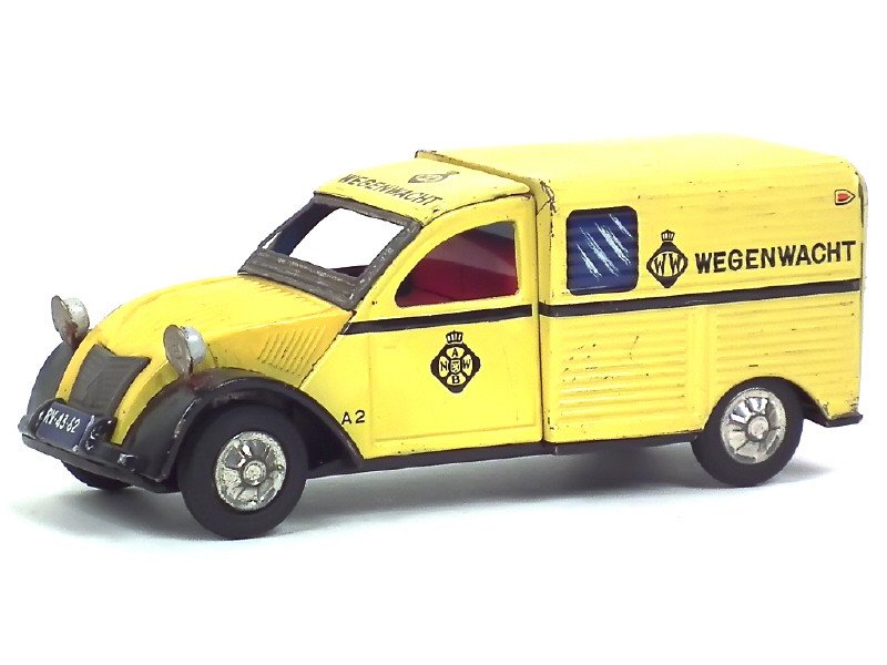 ACS (Japon) Citroën 2CV Fourgonnette Wegenwacht, long 19,5cm, moteur à friction, jaune et noir - Export Hollande - Rare -.jpg